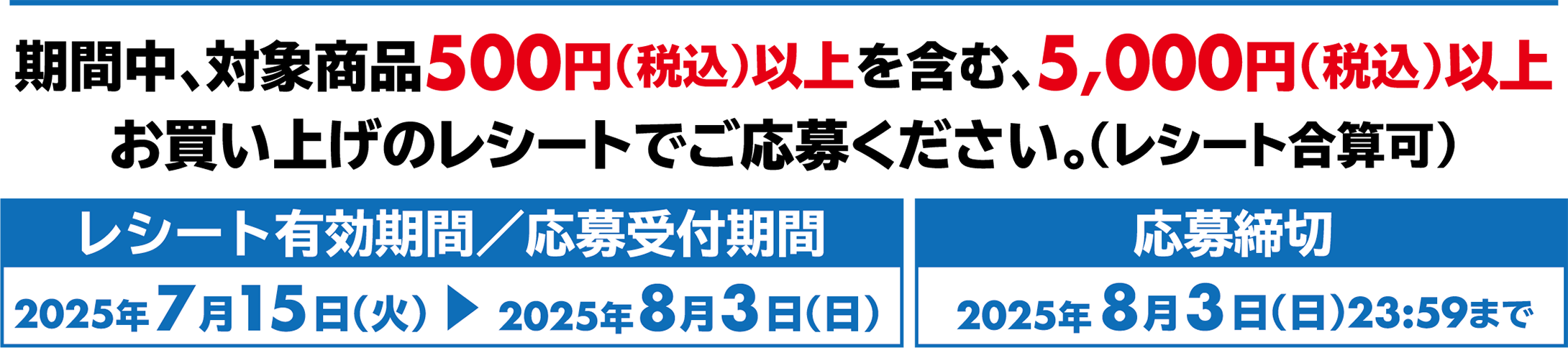 期間中、対象商品500円以上（税込）以上を含む、5,000円（税込）以上　お買い上げのレシートでご応募ください。（レシート合算可）